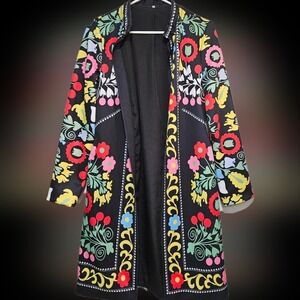 Retro FLORAL Jacket Sz S Vintage 1970s Style Black Yellow Orange Pink Green Blue